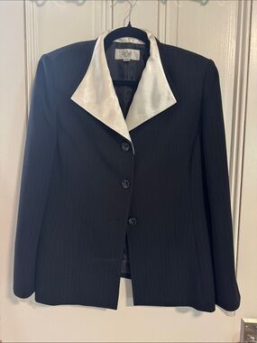 Le Suit Black Pinstripe Suit with White Satin Collar and sleeves
